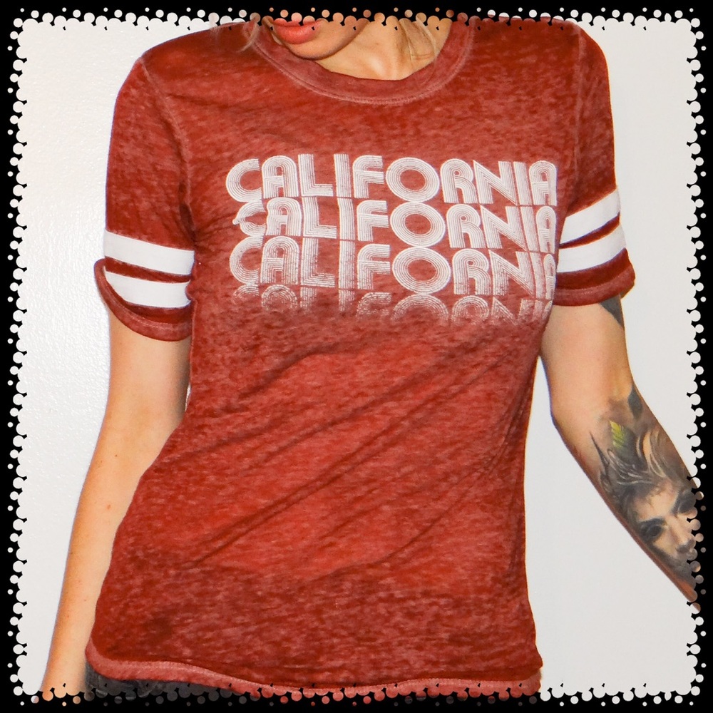 California vintage inspired red ringer shirt.